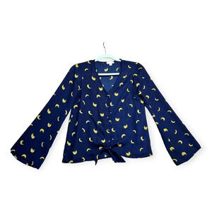 Charming Charlie‎ Womens Navy Blue Banana Fruit Print Blouse Sz XS Novelty S=
